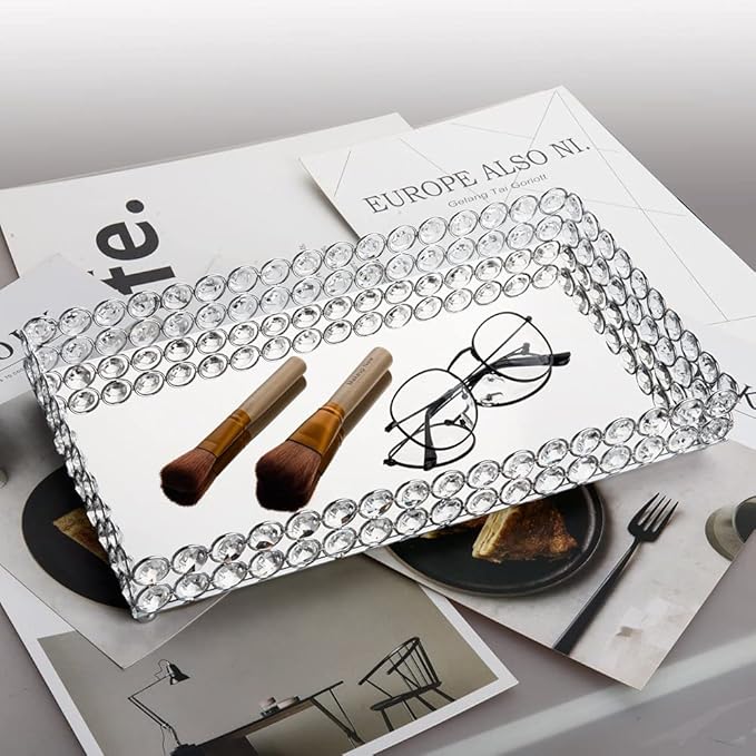 Feyarl Crystal Perfume Tray Cosmetic Vanity Makeup Tray Mirrored Jewelry Trinket Rings Earrings Organizer Storage Decorative Tray for Dresser Countertop Wedding Home Bathroom(13.7" x 7.87")