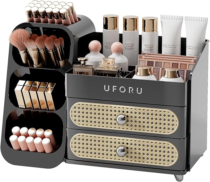 Makeup Organizer for Vanity with Brush Holder, Countertop Skincare Organizer with 2 Drawers, Spacious Cosmetic Display Case for Perfumes, Eyeshadow Palettes, Nail Polishes, Black