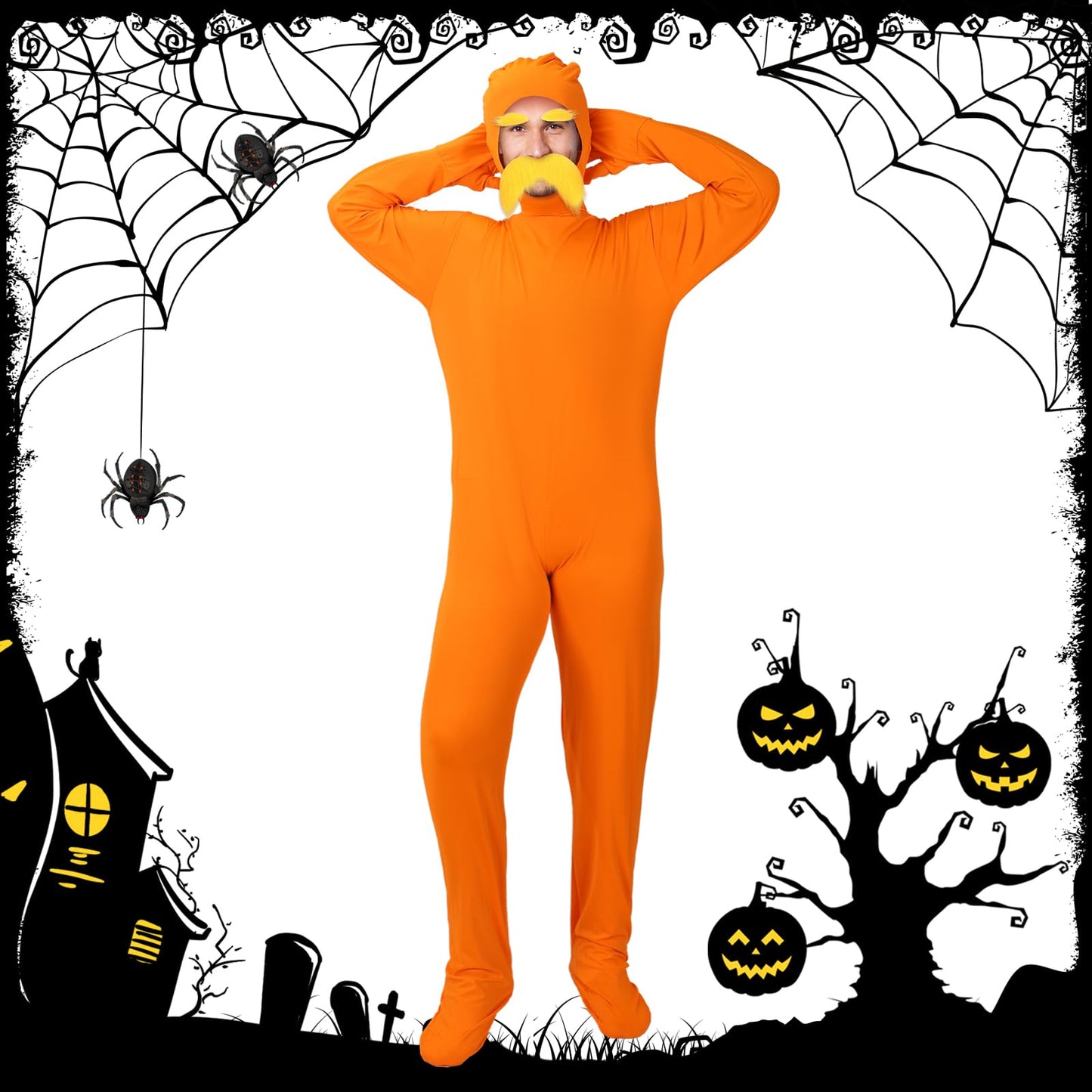 HIYZI Orange Costume Yellow Mustache and Eyebrows Halloween Costume Orange Jumpsuit for Halloween Christmas Festival Party Cosplay Men Women (S)
