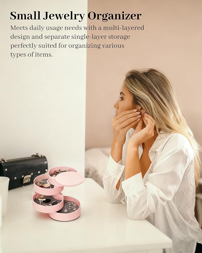CONBOLA Jewelry Organizer, Small Jewelry Storage Box Earring Holder for Women, 4-Layer Rotating Travel Jewelry Tray Case with Lid for Bracelets Rings Bracelets, Gift for Women Teen Girls