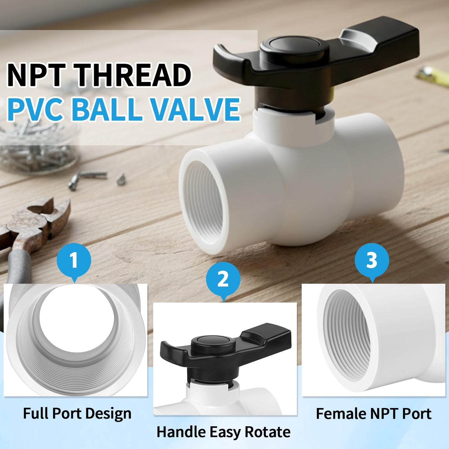 Boltigen 2Pack 1-1/2 inch NPT PVC Ball Valves, 1.5''Double Female NPT Threaded PVC Shut Off Valve with Full Flow Port, SCH40 Plastic Water Control Valve, for Swimming Pool, Irrigation, Sewage Pipes