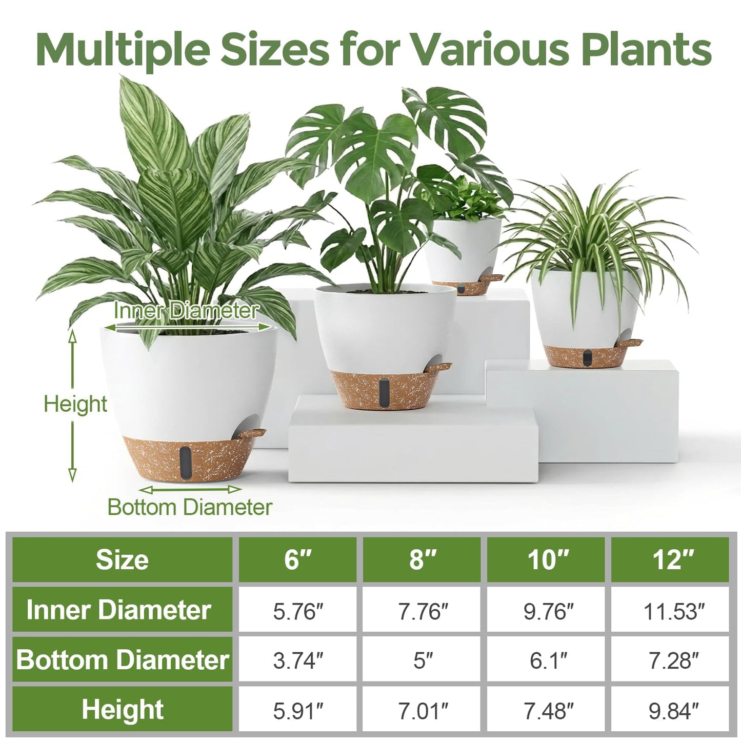 LifeNest Plant Pots, 12" 10" 6" 8" Inch Self Watering Pots with Water Level Indicator, Set of 5 Flower Pots Indoor with Drainage Holes, Modern Planters for Indoor Outdoor Plants, Room & Office Décor