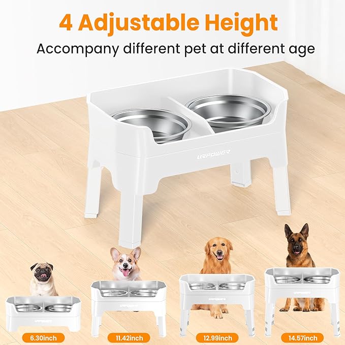 URPOWER 3-in-1 Elevated Dog Bowls - Mess Proof Double Deck 4 Height Adjustable Raised Stand with 2 Stainless Steel Food Bowls & Licking Plate for Small, Medium & Large Dogs