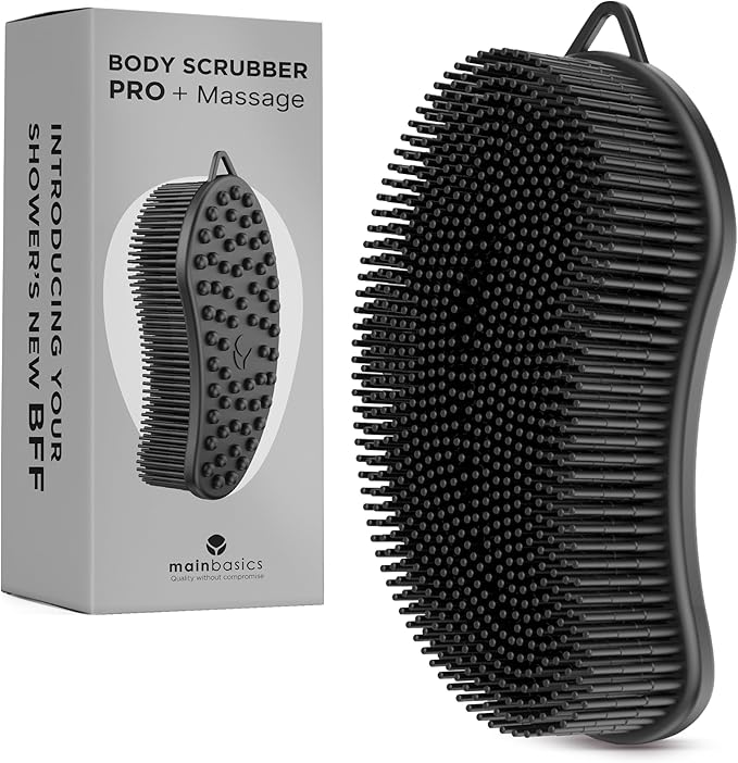 MainBasics Silicone Body Scrubber Dual-Sided Shower Loofah and Massaging Nodes (Black, Massage)