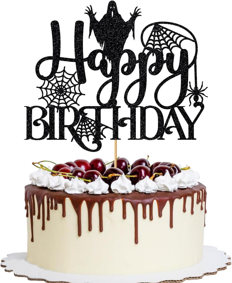 1 PCS Halloween Happy Birthday Cake Topper, Spider Terror Spooky Haunted House Black Glitter Cake Supplies, Creepy Birthday Themed Party Decoration Supplies