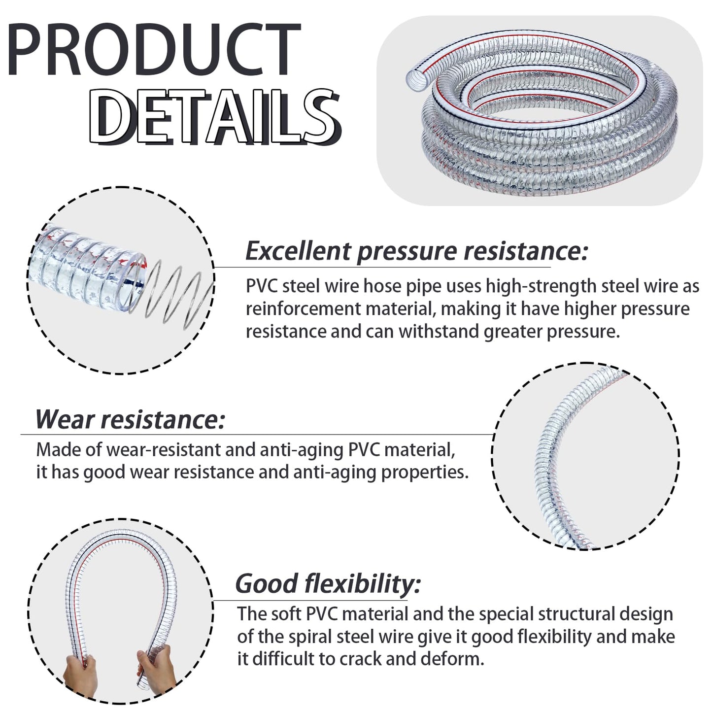 Frienda Heavy Duty Steel Wire Flexible Tubing with Fasteners PVC High Pressure Oil Drain Hose Tube Clear Wire Reinforced for Pond Marine Bilge Pump Garden Pool(10 Ft, 1-1/2 Inch Id)