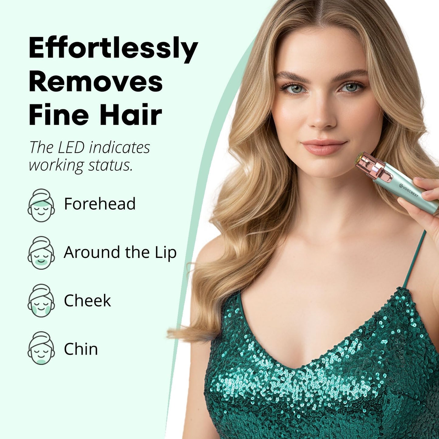 VG VOGCREST Eyebrow Facial Trimmer: 2 in1 Rechargeable Facial Hair Removal and Eyebrow Shaver - Face Lips Body Painless Facial Razor with Built-in LED Light (Pastel Green)