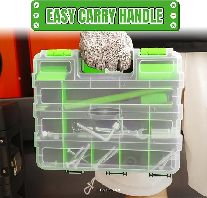 Tool Box with Transparent Lid, Double Side 34-Compartments Organizer Box with Removable Dividers for Hardware, Screws, Bolts, Nails, Beads, Jewelry and Fishing Accessories, Green, 4 Pack