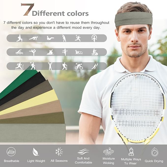 DiyJibb Headbands for Women, Stretchy Non Slip Soft Cotton Cloth Hair Bands for Sports, Workout, Yoga and Running, 7pcs