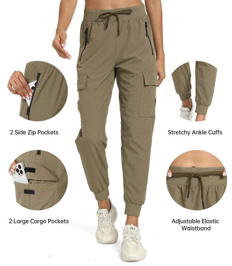 Womens Cargo Hiking Pants with Pocket - Lightweight Quick Dry Workout Joggers for Travel, Camping and Outdoor Wear(Khaki M)