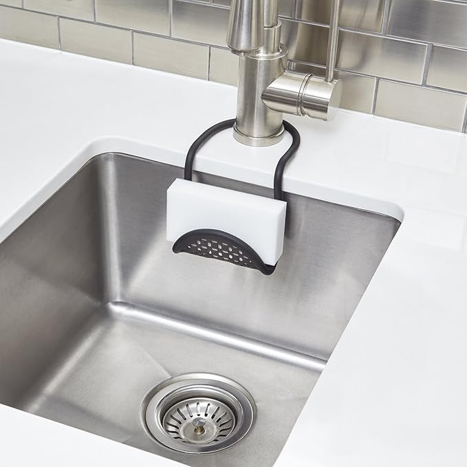 Umbra Sling Kitchen Sink Caddy Sponge Holder, Hangs Over Faucet or Divider, Single, Black