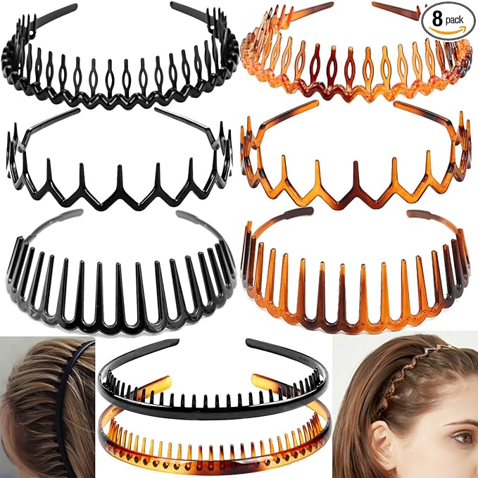 ULTIMUTE 8 PCS Fashion Effortless Plastic Headbands with Teeth Comb Black Skinny Headbands No Slip Hair Accessories Bands for Women Men Teen Girls, Amber&Bright Black