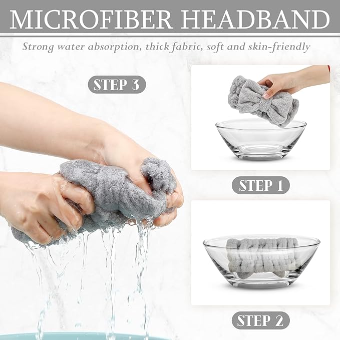 3 Pieces Towel Headbands for Women Makeup Headband for Washing Face Makeup Spa Headband, Microfiber Bowtie Shower Headband for Women (Light Gray)
