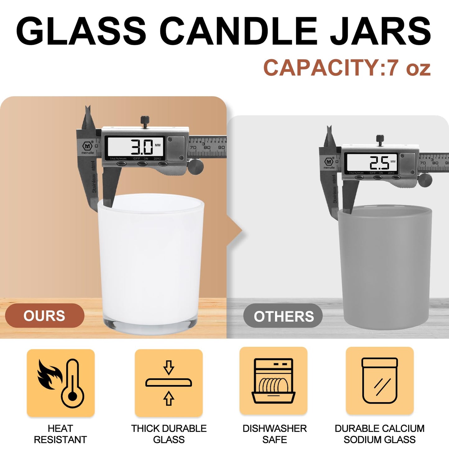 SHOWIN Thick Candle Jars for Making Candles 12 Pcs, 7 OZ Empty Jars with Wood Lids for Candle Making, Sample Container, Inner White