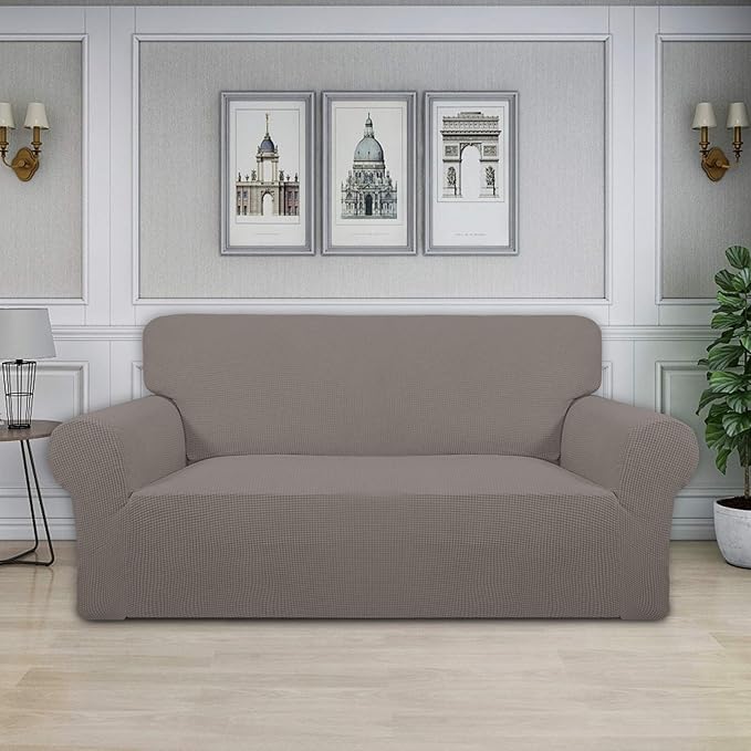 Easy-Going Stretch Oversized Loveseat Slipcover 1-Piece Sofa Cover Furniture Protector Couch Soft with Elastic Bottom for Kids Polyester Spandex Jacquard Fabric Small Checks Taupe