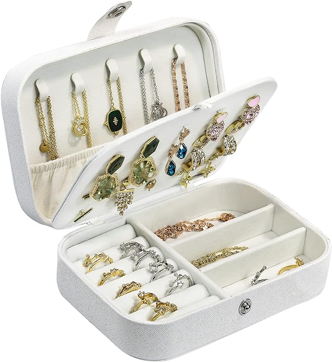 Hatori Travel Jewelry Box, PU Leather Small Jewelry Organizer for Women Girls, Portable Mini Travel Case Display Storage Holder Boxes for Stud Earrings, Rings, Necklaces, Bracelets (Glitter White)