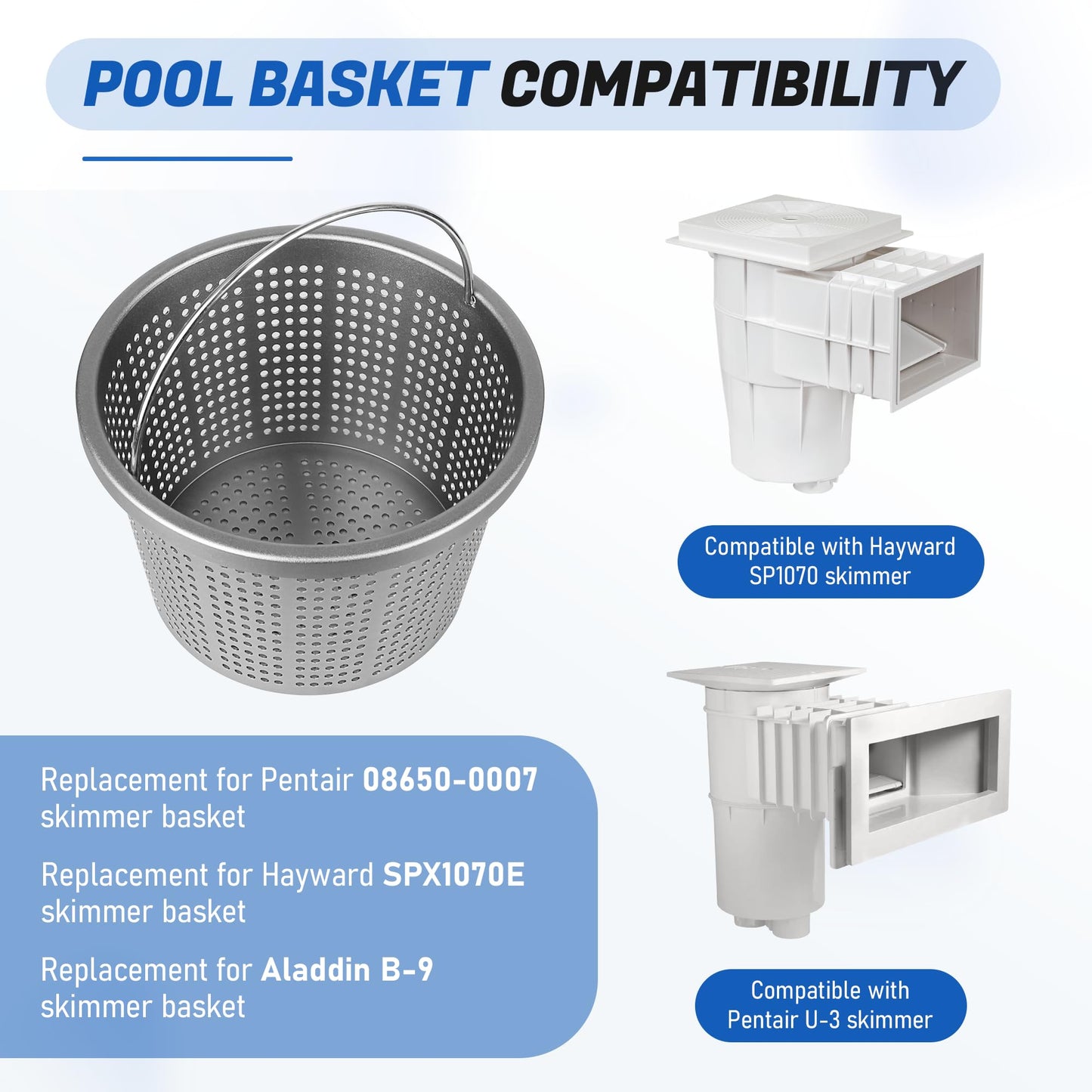 BOUYAO 8" Inground Pool Skimmer Basket - Upgrade Aluminum Strainer Basket with Handle | for Pentair U-3, Hayward SP1070 | Direct Replacement 08650-0007 & SPX1070E Universal Filter Baskets