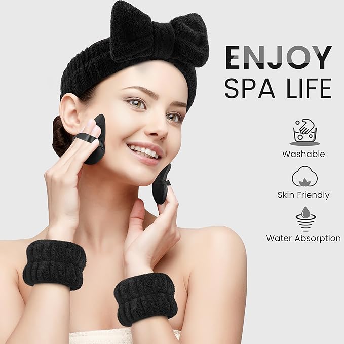 Crosize Headbands and Wristbands Set for Washing Face, Spa, Skincare, Gift for Women and Girls, with Powder Puffs, Black