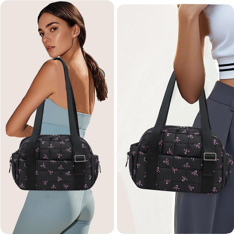 CAMTOP Mini Gym Bag for Women, Small Gym Tote Bag Puffy Quilted Sports Duffel Bag with Wet Compartment and Coin Purse Duffel Bags Dance Yoga Workout Bag for Gifts (Black Pink Bow, Mini-12.6")