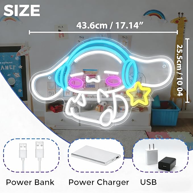 THIIXDAI Cinnamoroll Neon Sign for Room Decor, USB Powered LED Lights with Dimmable, Japanese Cartoon Dog Neon Signs, Cute Night Light Gifts for Children (17.17"L x 10.04"W)