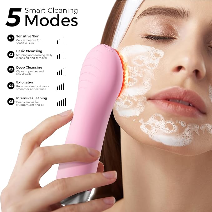Face Scrubber Facial Cleansing Brush - Waterproof and Rechargeable Face Cleansing Brush with 4 LED Gentle Light, Cleansing, Exfoliating and Massaging, Electric Face Scrub Brush for Men & Women
