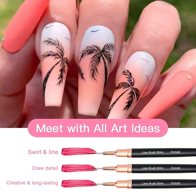 Metallic Nail Art Brushes, 5Pcs Liner Brush Set, UV Gel Polish Painting Art Design Pen for Long Lines, Thin Details, Fine Drawing Sizes 4/8/12/20/25mm(Black)