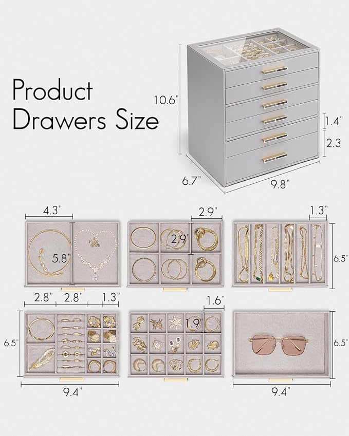 Vlando 6 Layer Jewelry Box for Women, Glass Lid Jewelry Organizer with 6 Drawers for Necklaces Rings Earrings Bracelets - Grey