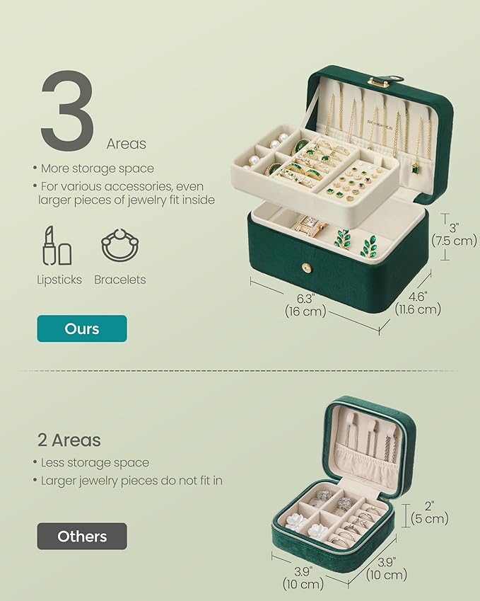 SONGMICS Jewelry Organizer Box, Travel Jewelry Case, 2-Layer Travel Case for Earrings, Necklaces, Bracelets - Portable Jewelry Storage with Large Capacity, Gift Idea, Retro Green UJBC166C04