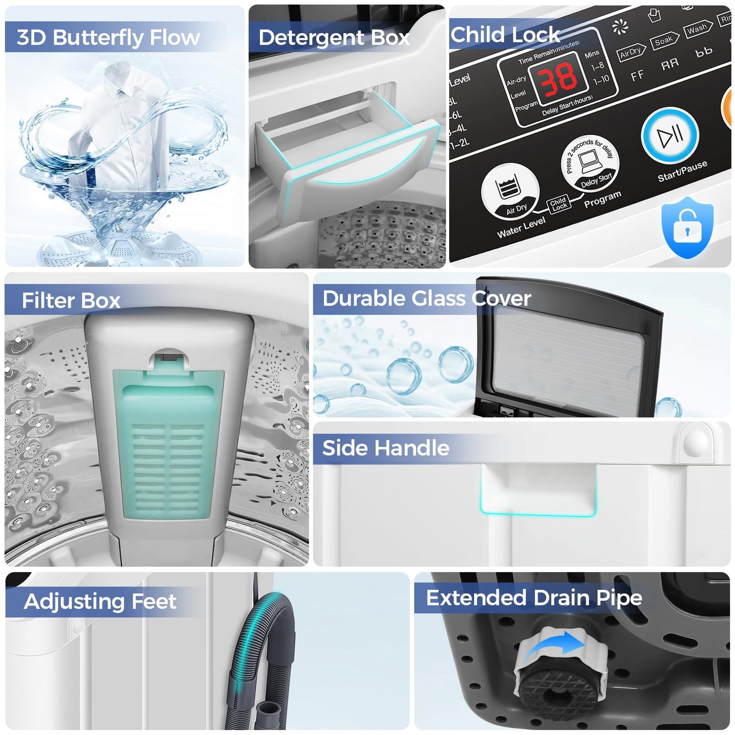 Nictemaw Portable Washing Machine, 20Lbs Capacity Full-Automatic Portable Washer, 2.8Cu.ft Washer and Dryer Combo with Drain Pump, LED Display, 10 Programs & 8 Water Levels, Slow-Close Glass Lid