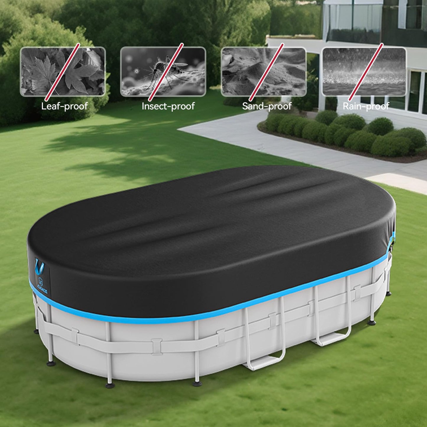 AGROAIDE 10x16 Ft Oval Pool Cover, Heavy Duty Pool Cover Protector with Ratchet Tie Downs, 420D Oxford Fabric for All Season Use - Tear Resistant, UV & Dust Proof