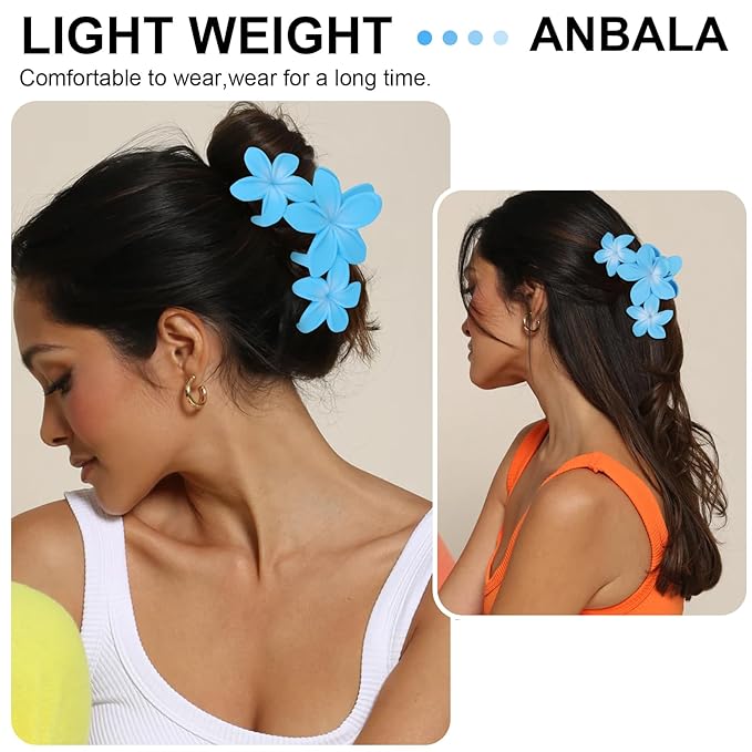 ANBALA 4PCS Flower Hair Clips Plumeria Hawaiian Claw Clips for Thick Hair Non-Slip Strong Hold Beach Accessories for Women Girls (Blue)