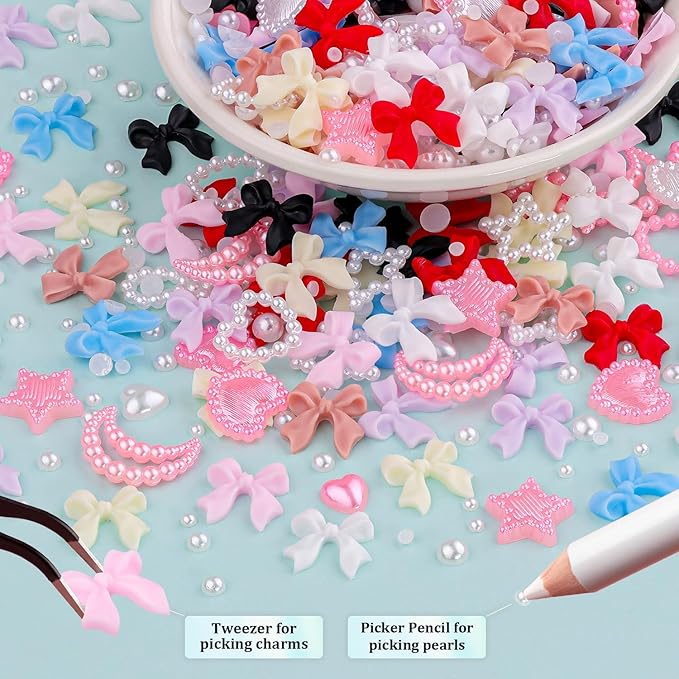 600 Pcs 3D Nail Charms and Flatback Pearls #1, 8 Colors Nail Bows + Pink&White Star Heart Moon Cute Bow Charms + 2-6mm White Pearls for Nail Art Design with Nail Charm Glue(UV Needed) and Pickup Tools