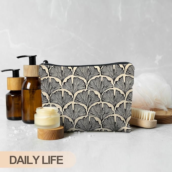 Abstract Black and Beige Makeup Bag, Art Deco Feather Palm Botanical Cosmetic Bags for Women, Mid Century Modern Art Zipper Makeup Pouch