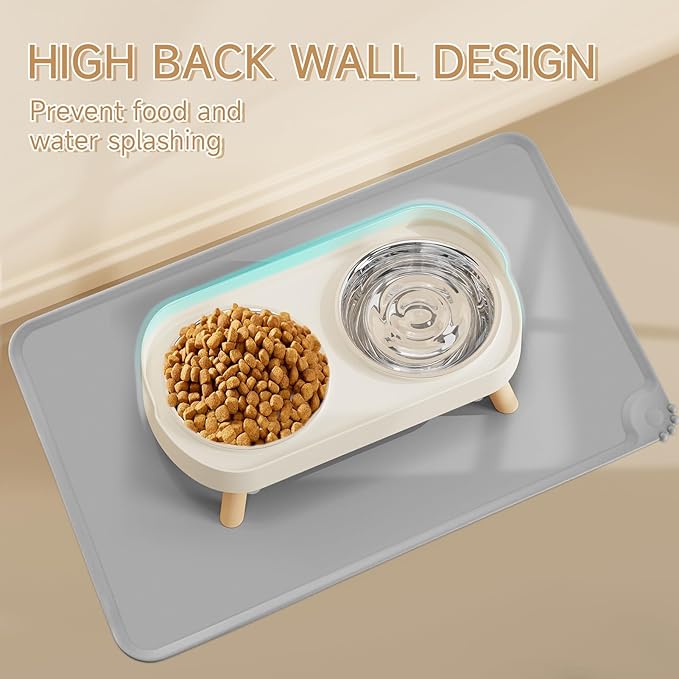 Elevated Cat Bowl with Food Mat, Raised Cat Food and Water Bowl Set for Indoor Cats, Splash Proof with 2 Stainless Steel Pet Food Bowls for Cats and Puppies,Whisker Fatigue and Dishwasher Safe (White)
