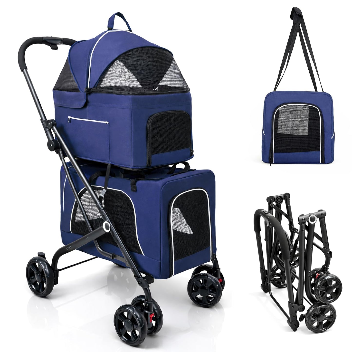 Petmolico Double Pet Stroller for 2 Cats/Dogs Strollers,2 Detachable Cat Carrier,No-Zip Double Pet Travel Storller for Small/Medium Dogs(Blue&Black)