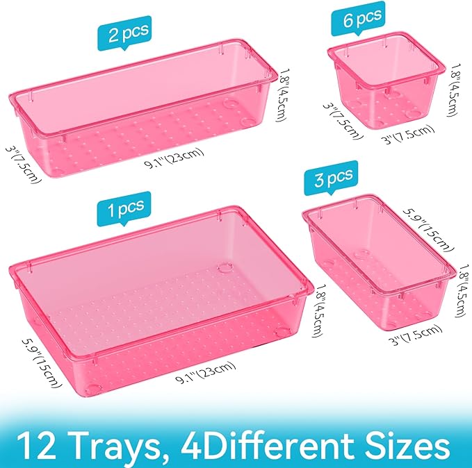 12 PCS Drawer Organizer Set, 4 Sizes Tool Storage Trays, Clear Plastic Makeup Vanity Organizer and Storage Bins for Stationeries, Multiple Gadgets for Office, Bedroom, Pink