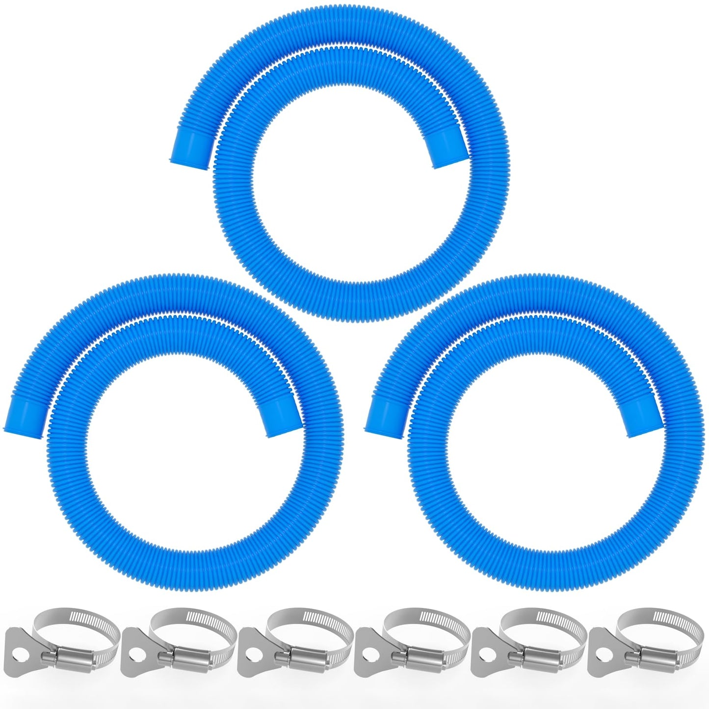 Poolvio 1.5" x 59" Above Ground Pool Hoses, 3-Pack, Blue- Heavy Duty UV Resistant Leak-Proof Replacement Hoses with 6 Metal Thumb Clamps, Perfectly Fits Intex Filter Pumps & Pool Surface Skimmers