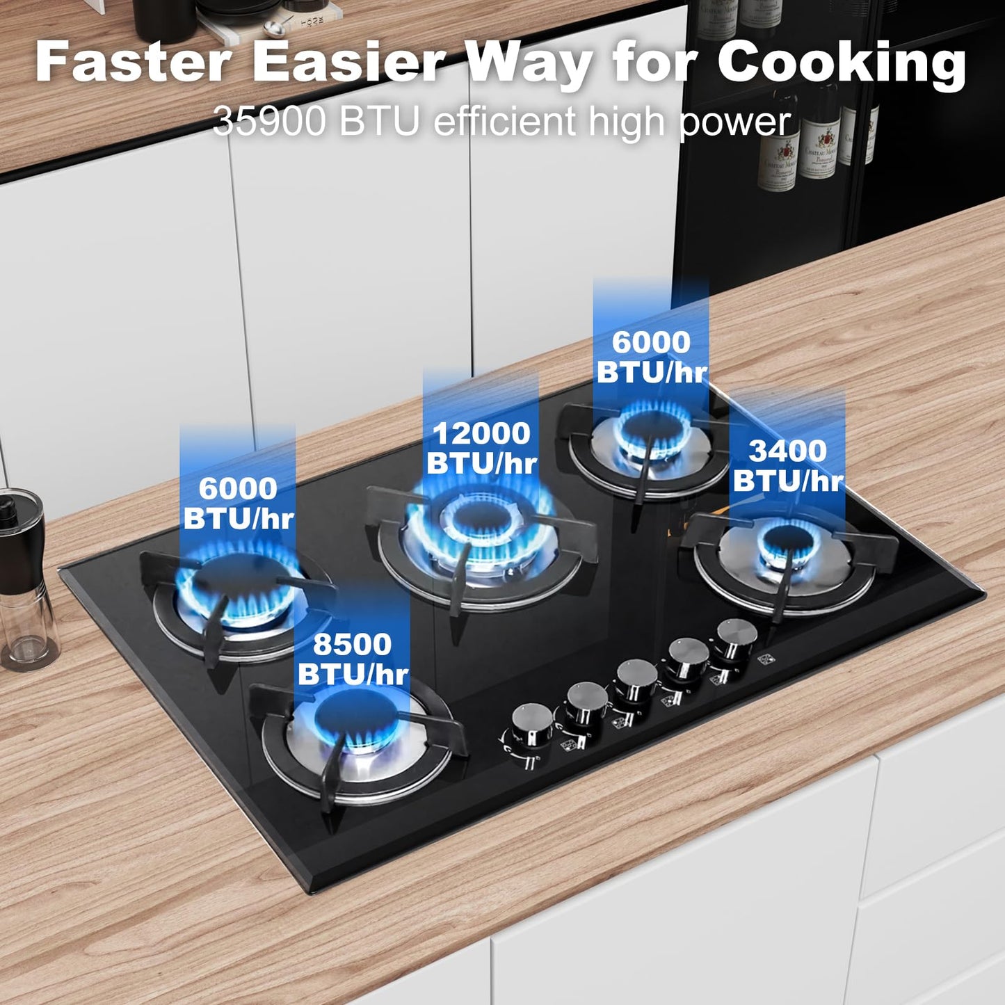 Borrallio Built-in Gas Cooktop 5 Burner 30 inch, Dual Fuel Tempered Glass Gas Stovetop Propane/Natural Gas Convertible,Thermocouple Protection,35900BTU