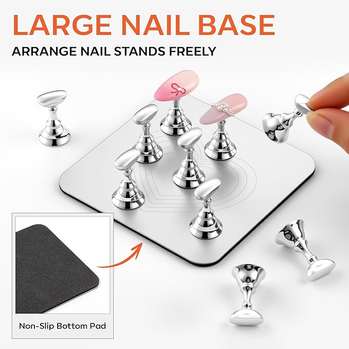 Makartt Nail Stand for Press-On Nails: Strong Magnetic, Large Flat Metal Base Holds 10 Tips at Once, Stable Holders for Nail Art Practise, Batch Painting, Design, Curing, Display, DIY Home & Salon Use