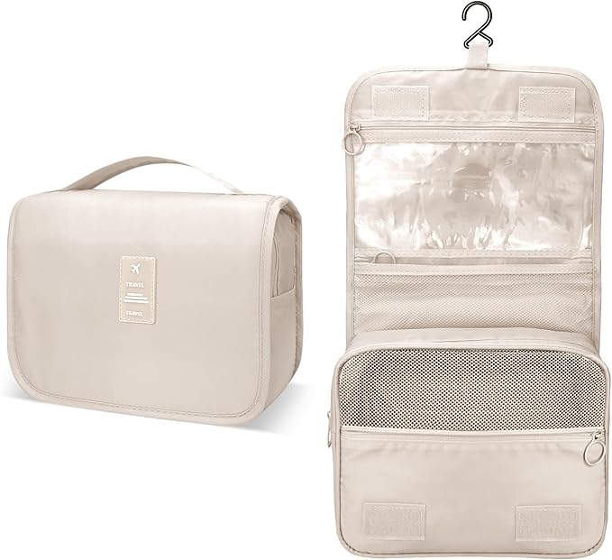 Large Capacity Toiletry Bag Travel Bag with Hanging Hook for Men and Women Waterproof Travel Cosmetic Bag Bathroom Storage Bag for Brushes Set, Full-Sized Shampoo,Accessories(Beige)