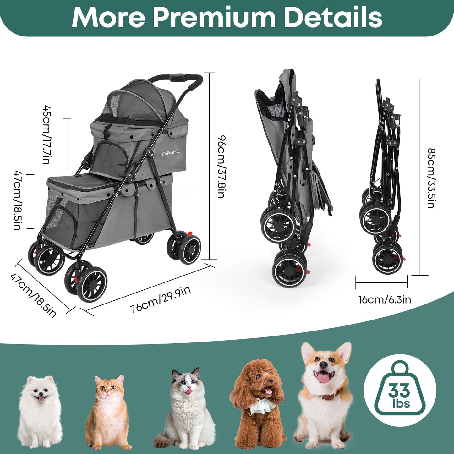 Double Pet Stroller for Dogs and Cats,Cat Strollers for 2 Cats,Double Dog Stroller for 2 Small Medium Dogs,4 Lockable Wheels/Lightweight/Folding,Grey