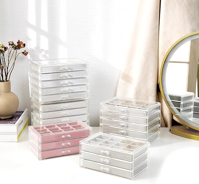 ProCase Earring Holder Organizer Jewelry Box with 10 Drawers, Acrylic Clear Earring Case with Adjustable Velvet Trays for Women - Grey, 10 Layers