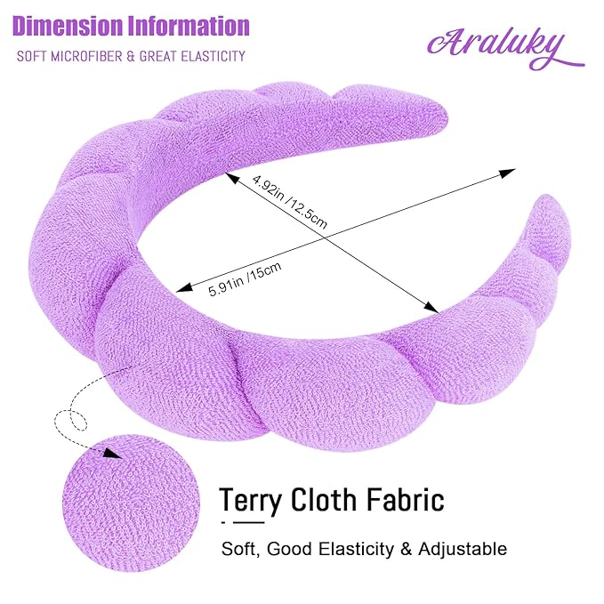 Women's Spa Terry Cloth Headband for Face Washing, Makeup Removal, Shower - Puffy Sponge Hair Accessory (Purple)
