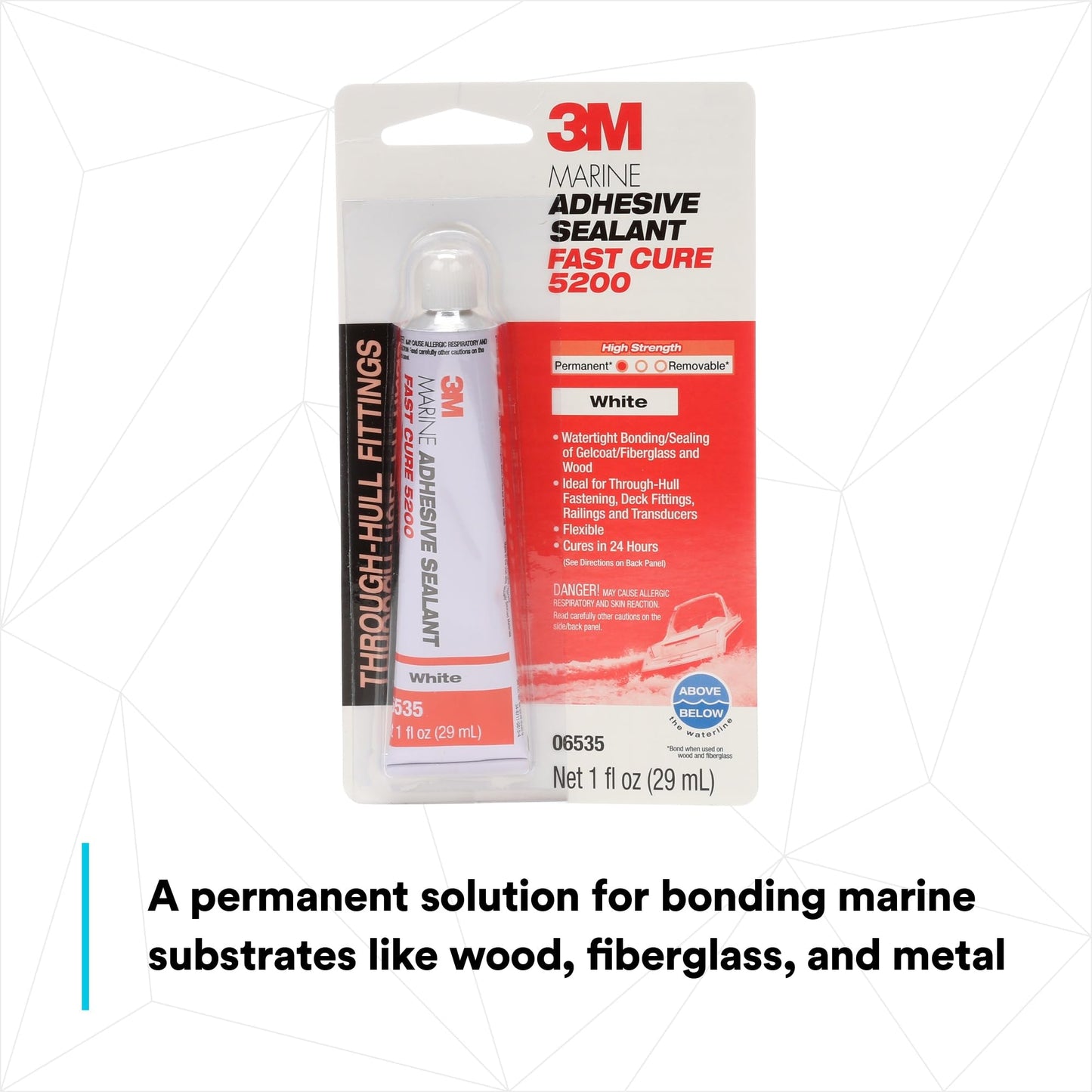 3M Marine Adhesive Sealant Fast Cure 5200 (05220) Permanent Bonding and Sealing for Boats and RVs Above and Below the Waterline Waterproof Repair, White, 3 fl oz Tube