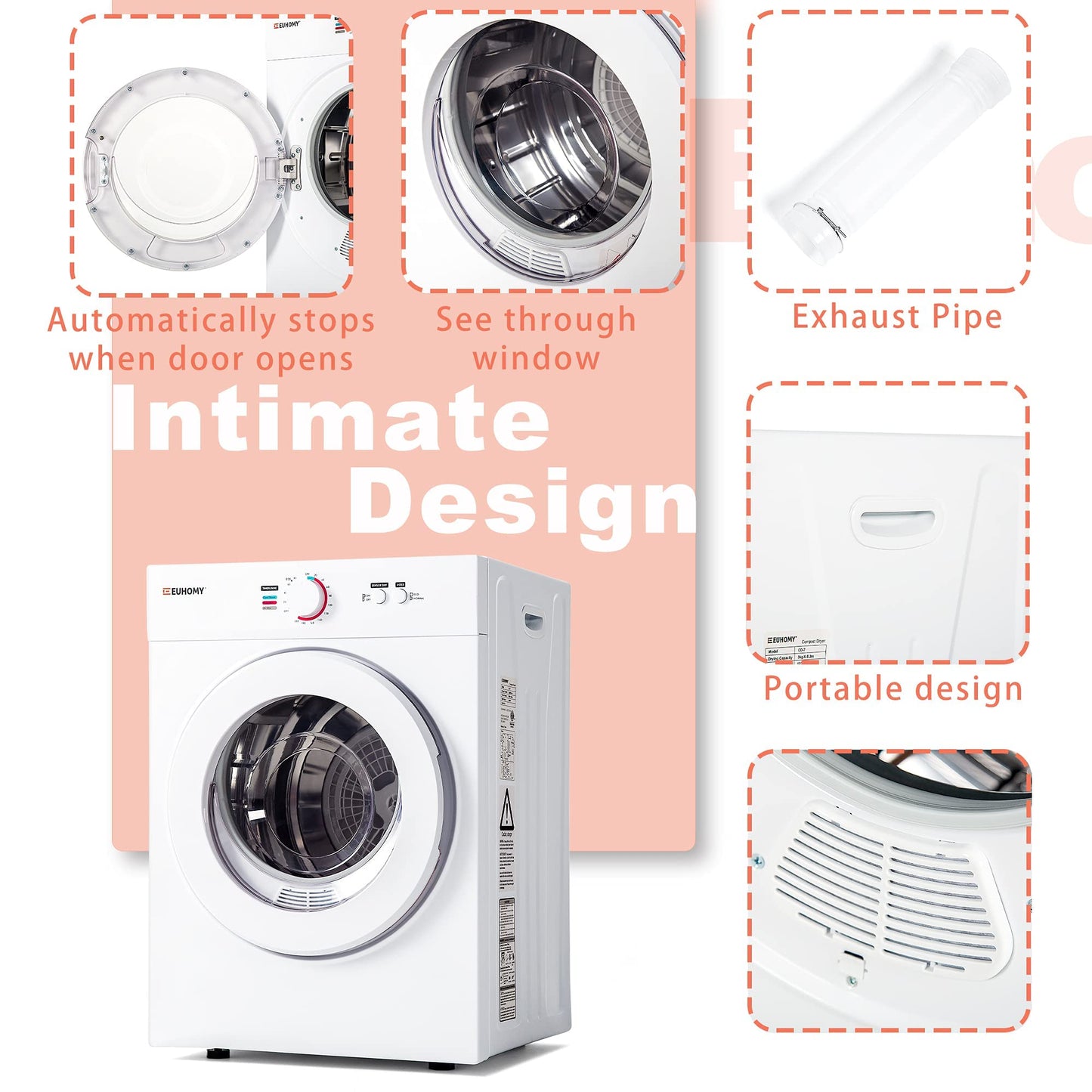 Euhomy CD-7 Cubic Feet, 1.7 Cu.Ft, Compact Laundry Dryer, White