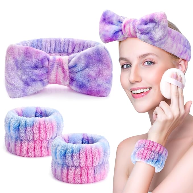 3PCS Spa Headband and Wristbands Set for Women, Soft Microfiber Face Wash Headband with Cute Bow, Elastic Absorbent Wrist Towels, Makeup Skincare Accessories for Facial, Shower, Yoga