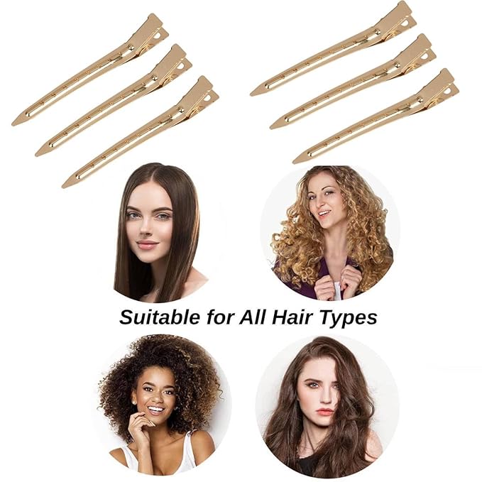 24Pcs Duck Billed Hair Clips for Styling Sectioning, Metal Hair Clips for Women Long Hair, Metal Alligator Curl Clips for Hair Roller Salon (Gold)