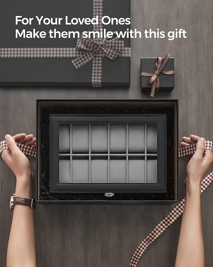 SONGMICS Watch Box, 12-Slot Watch Case Organizer with Large Glass Lid, Removable Pillows, Gift for Loved Ones, Black Synthetic Leather, Black Lining UJWB012B01