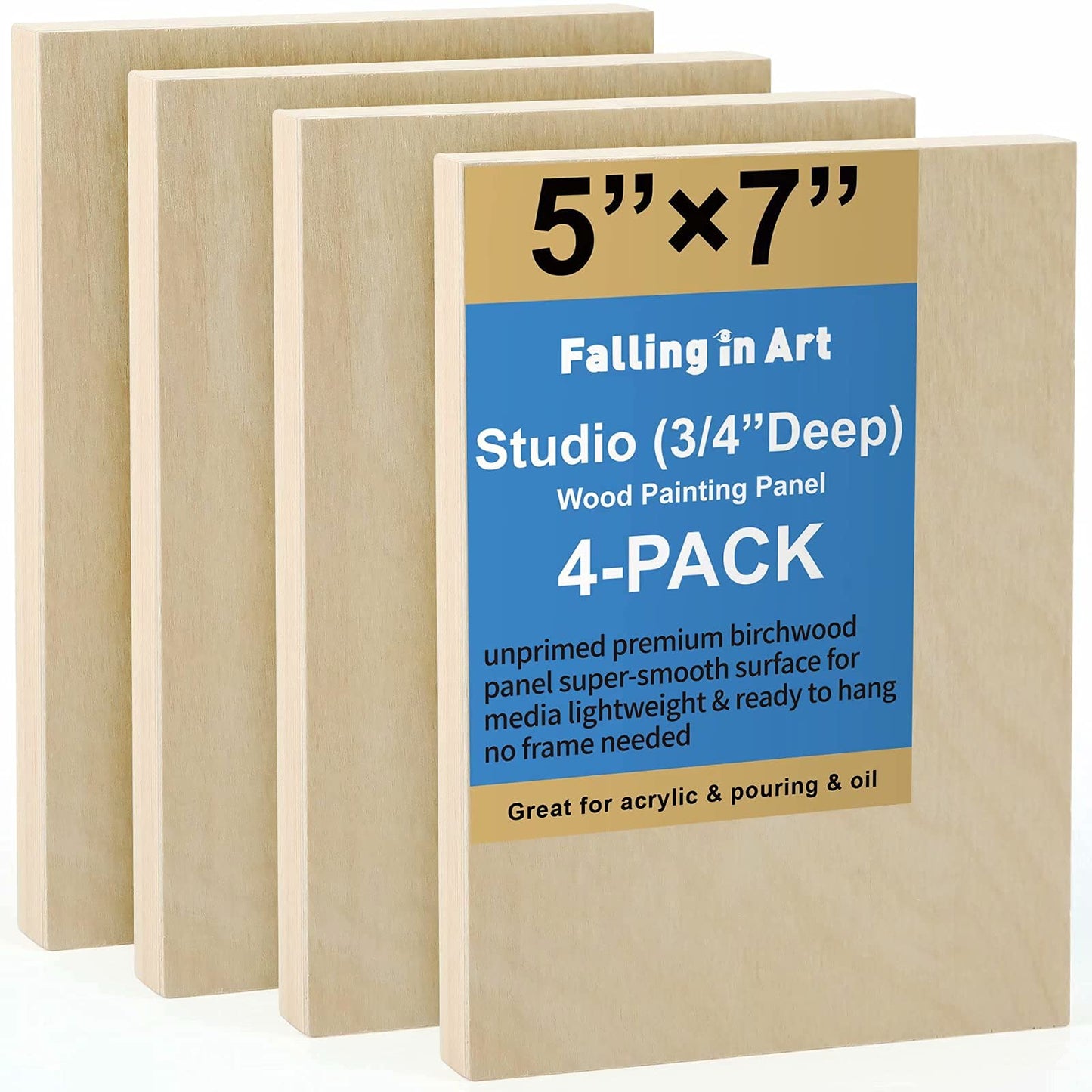Falling in Art Unfinished Birch Wood Canvas Panels Kit, 4 Pack of 5x7’’ Studio 3/4’’ Deep Cradle Boards for Pouring Art, Crafts, Painting and More