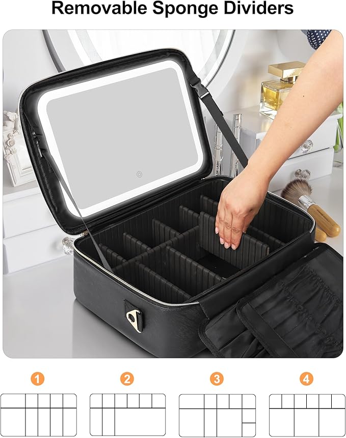 Relavel Large Makeup Case With LED Mirror, 16.2" Cosmetic Vanity Case with 3 Lignting Modes and Adjustable Brigntness, Professional Travel Make Up Organizer for Makeup Artist with Strap, Black